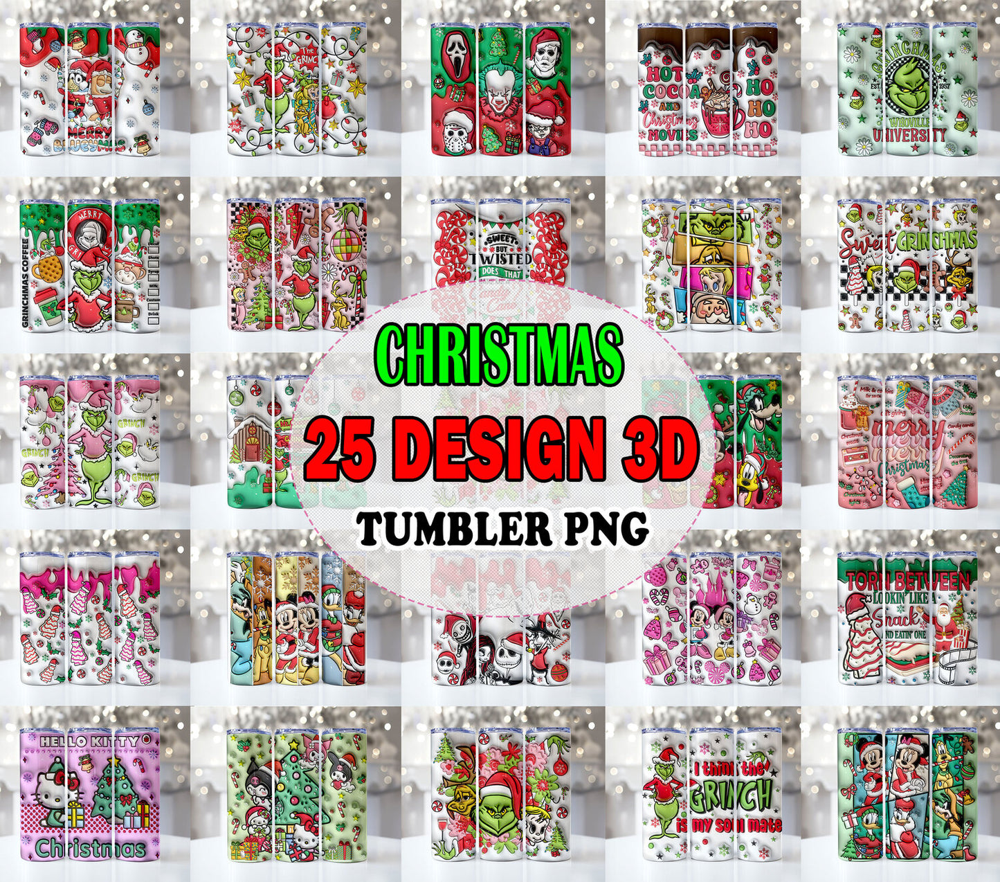 25 Designs 3D Christmas Tumbler Sublimation, 20oz Skinny Tumbler Bundle Wrap, Cartoon Funny Christmas Design Tumbler PNG Bundle Digital