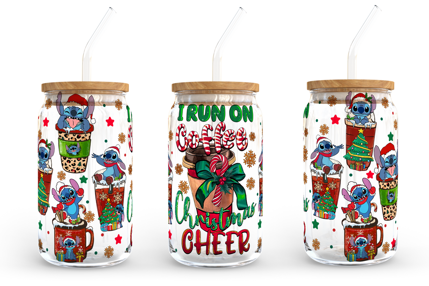 I Run On Coffee And Christmas Cheer 16oz Libbey Glass Can, Christmas Vibes Frosted Glass, Santa Claus Beer Can Glass, Retro Christmas Design