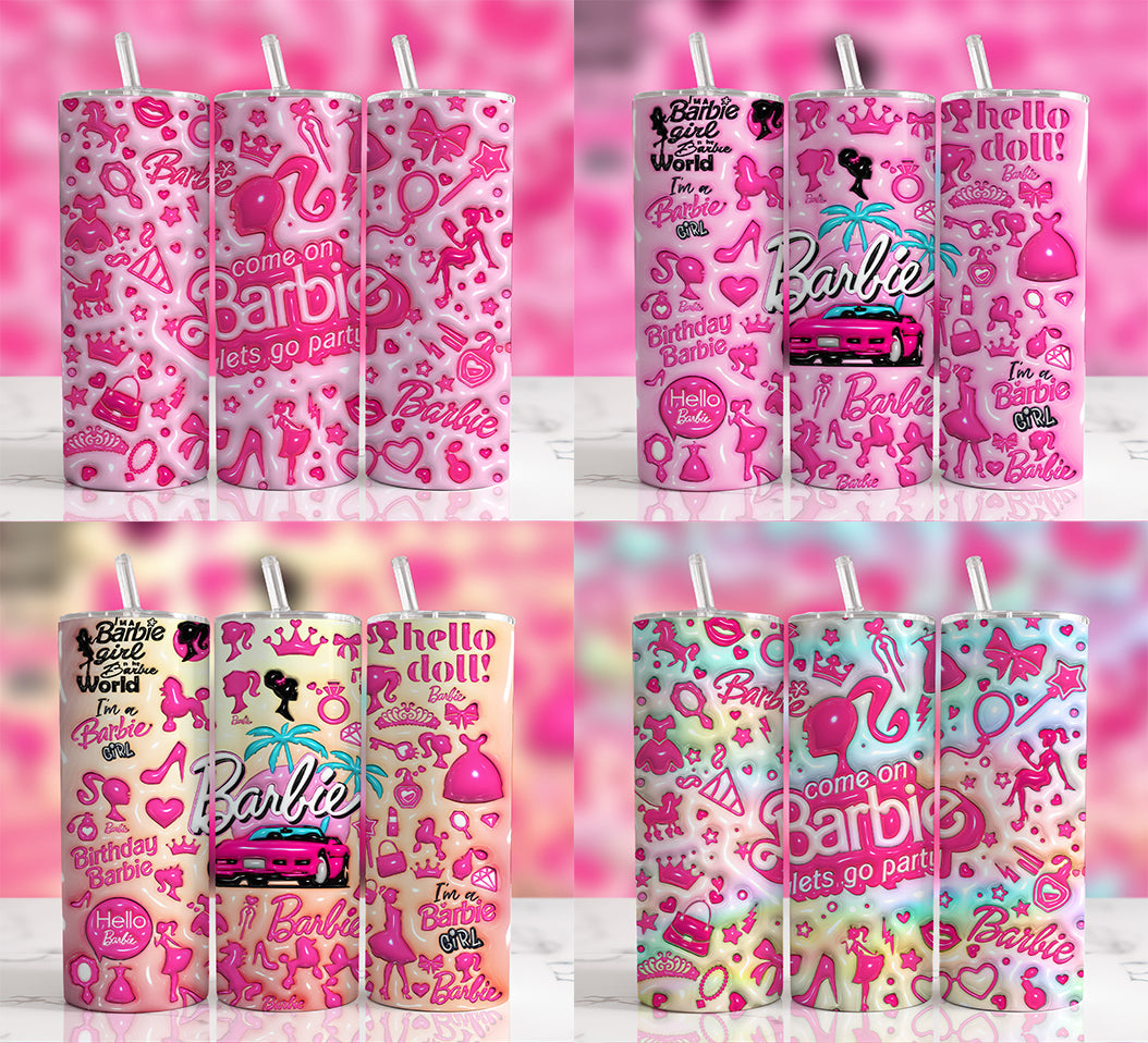 3D Inflated Barbie Tumbler Wrap PNG Bundle, 20oz Skinny Straight Wrap, Sublimation Designs, Puffy Pink Doll Tumbler, Barbie Watercolor Wrap