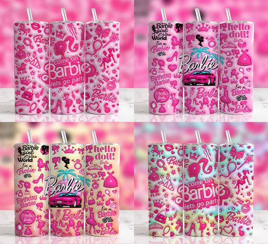 3D Inflated Barbie Tumbler Wrap PNG Bundle, 20oz Skinny Straight Wrap, Sublimation Designs, Puffy Pink Doll Tumbler, Barbie Watercolor Wrap