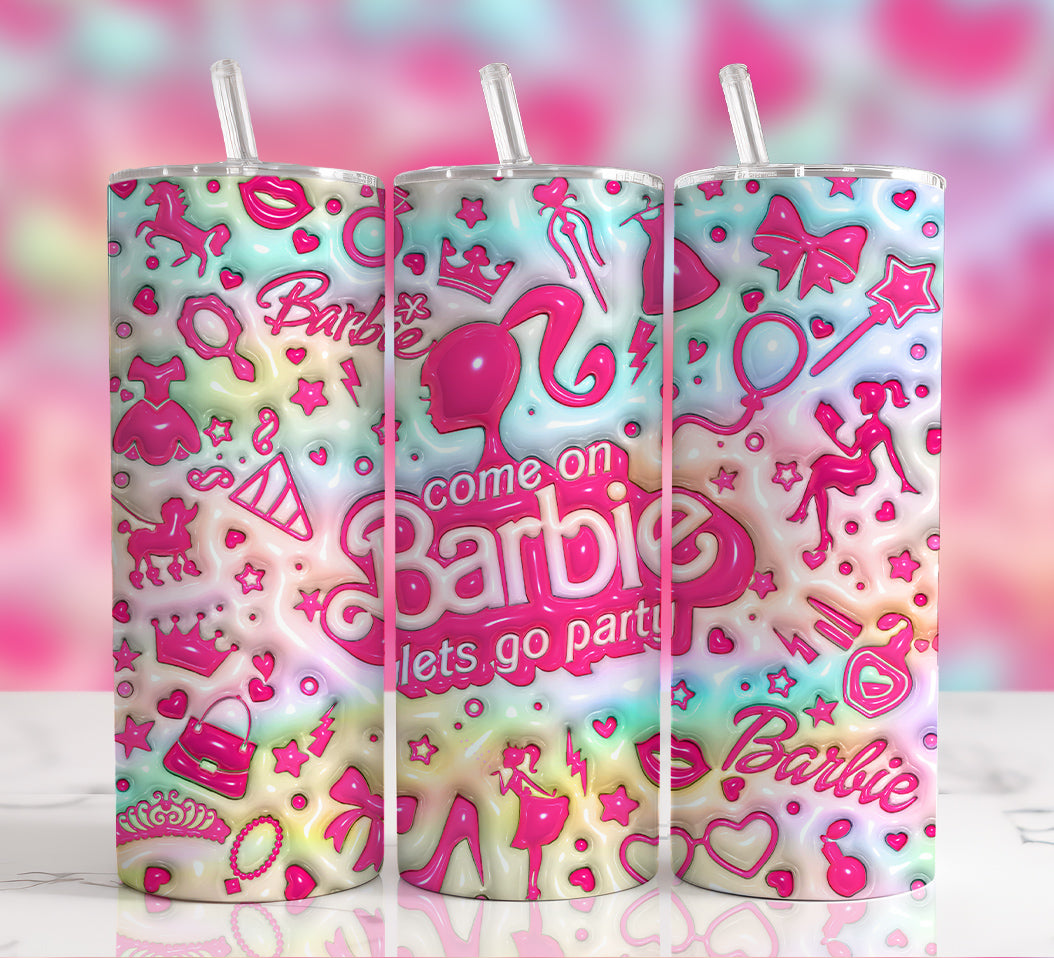 3D Inflated Barbie Tumbler Wrap PNG Bundle, 20oz Skinny Straight Wrap, Sublimation Designs, Puffy Pink Doll Tumbler, Barbie Watercolor Wrap