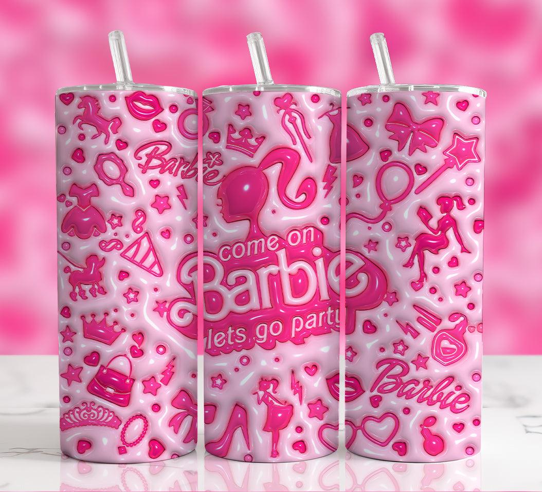 3D Inflated Barbie Tumbler Wrap PNG Bundle, 20oz Skinny Straight Wrap, Sublimation Designs, Puffy Pink Doll Tumbler, Barbie Watercolor Wrap