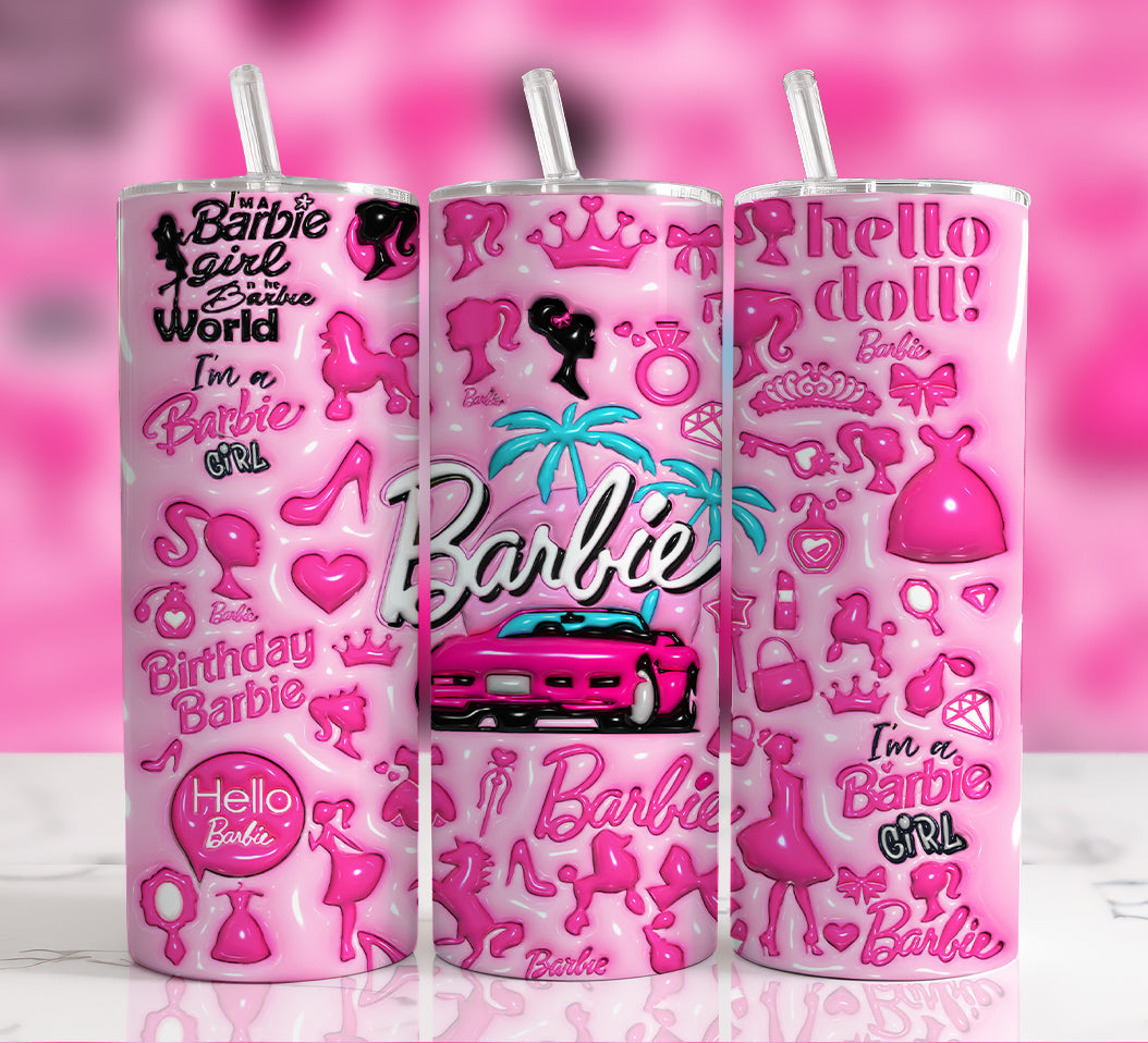 3D Inflated Barbie Tumbler Wrap PNG Bundle, 20oz Skinny Straight Wrap, Sublimation Designs, Puffy Pink Doll Tumbler, Barbie Watercolor Wrap