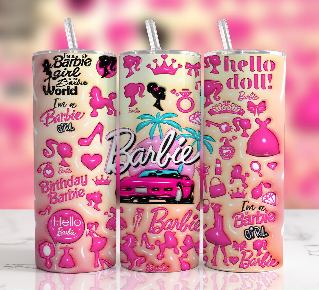 3D Inflated Barbie Tumbler Wrap PNG Bundle, 20oz Skinny Straight Wrap, Sublimation Designs, Puffy Pink Doll Tumbler, Barbie Watercolor Wrap
