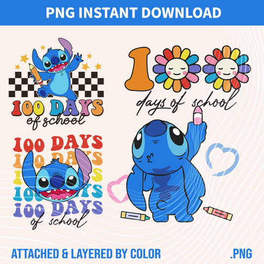 100 days of school png sublimation design download, hand drawn Stitch png, cute Stitch png, back to school png, sublimate designs download - VartDigitals