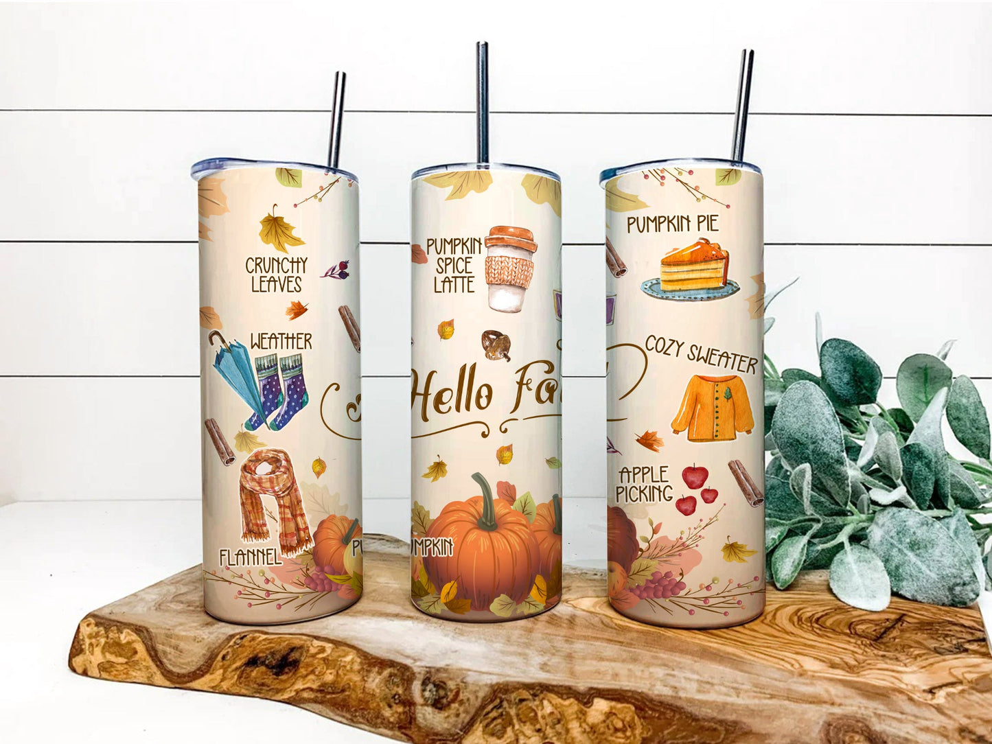 Fall 20 oz Skinny Tumbler Bundle, Fall Vibes Tumbler Wrap, Autumn Tumbler Sublimation Design, Hello Fall Tumbler Design - PNG