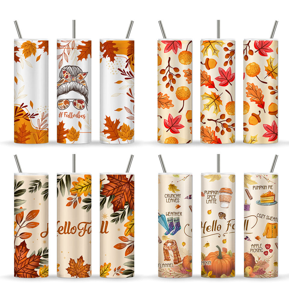 Fall 20 oz Skinny Tumbler Bundle, Fall Vibes Tumbler Wrap, Autumn Tumbler Sublimation Design, Hello Fall Tumbler Design - PNG