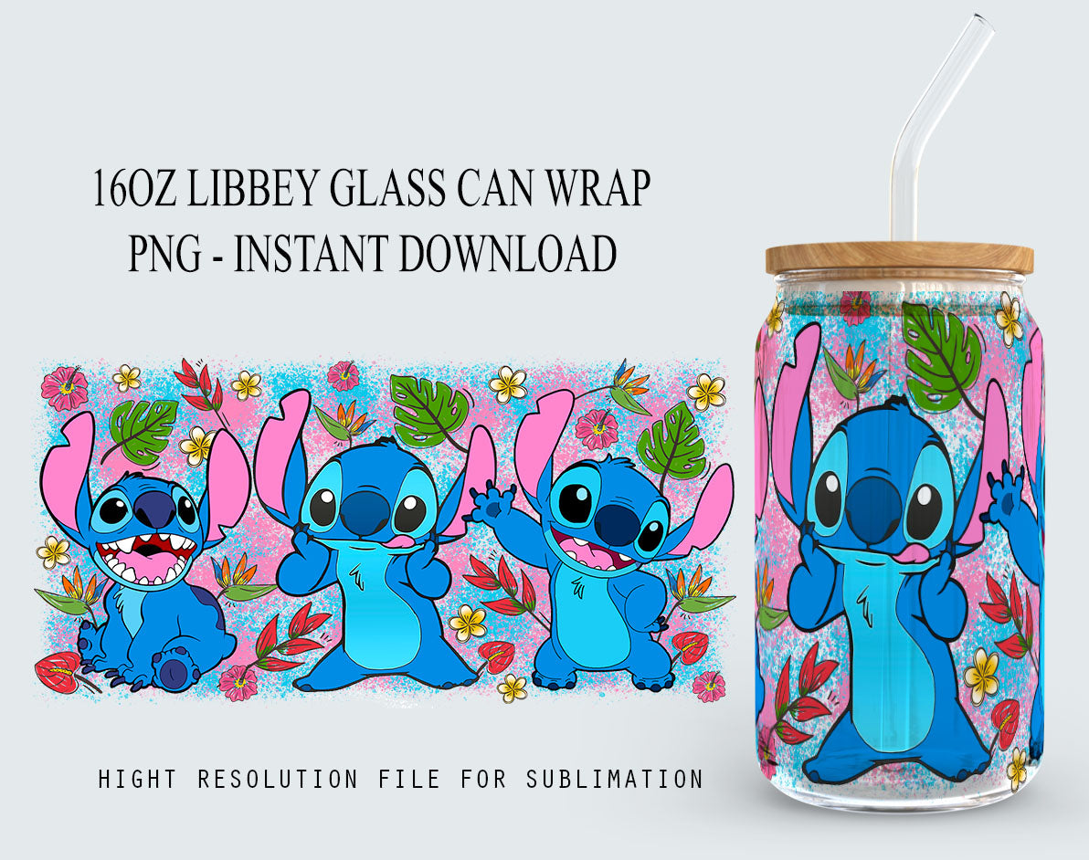 Stitch Can Glass Wrap, 16oz Can Glass, Libbey Can Glass, Stitch Tumbler Wrap,Cartoon Tumbler Wrap,Full Tumbler Wrap,Png Instant Download - VartDigitals