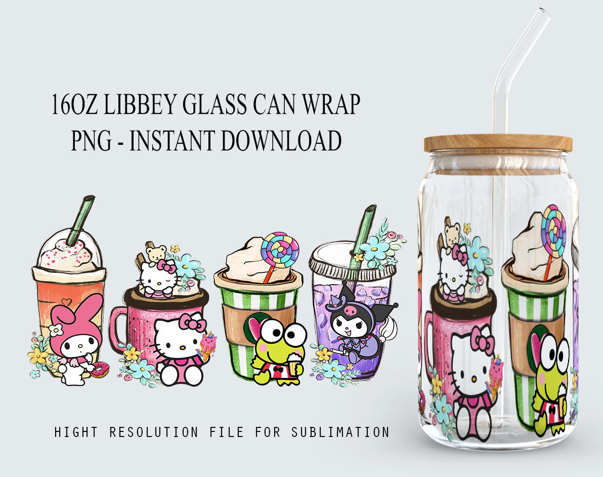 Kitty and Friends Pink Cat PNG, 16oz Glass Can Wrap, 16oz Libbey Can Glass, Easter Tumbler Wrap, Full Glass Can Wrap, Cartoon Tumbler - VartDigitals