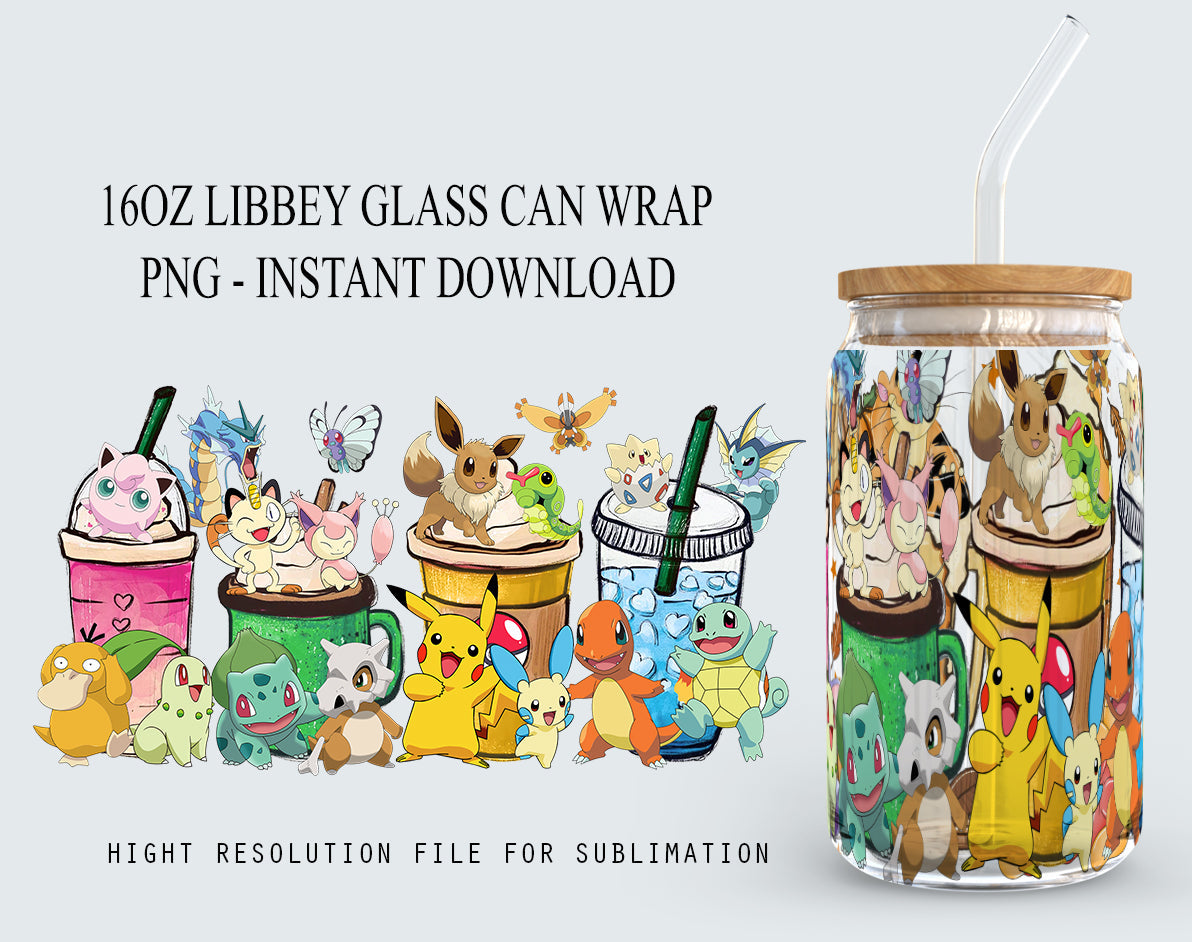 Gotta catch ‘em all Can Glass, Pokemon Libbey Can Glass 16oz PNG Digital Download, Poke Glass Can Wrap, Poke Bad Bunny Glass Can Wrap - VartDigitals