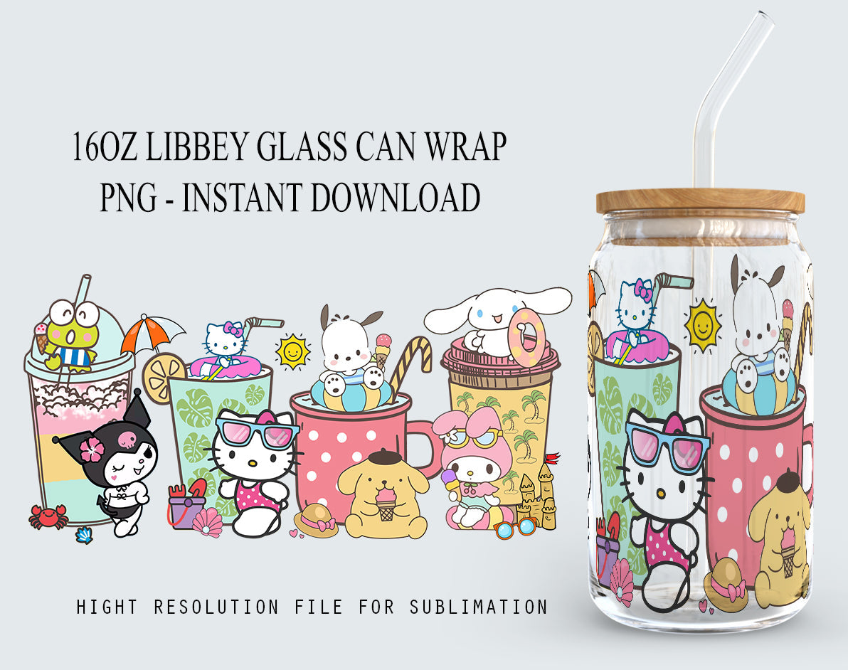 Kitty and Friends Pink Cat PNG, 16oz Glass Can Wrap, 16oz Libbey Can Glass, Cartoon Tumbler, Kawaii Tumbler Wrap, Kitty Can Glass png - VartDigitals