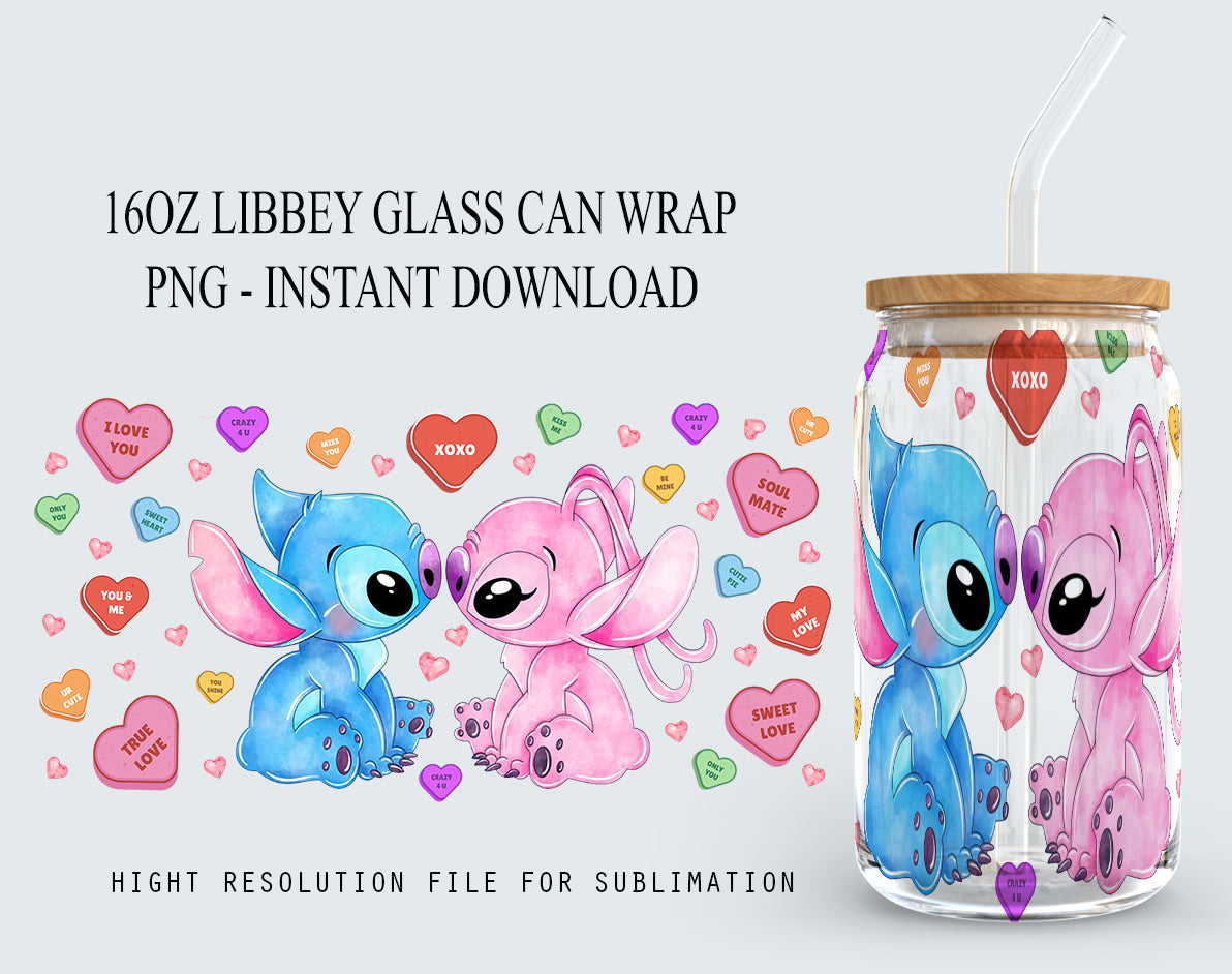Cartoon Valentine, 16oz Can Glass Wrap, Valentine Tumbler Wrap, Stitch Tumbler, Libbey Glass Wrap, Png Download, Valentine Png - VartDigitals