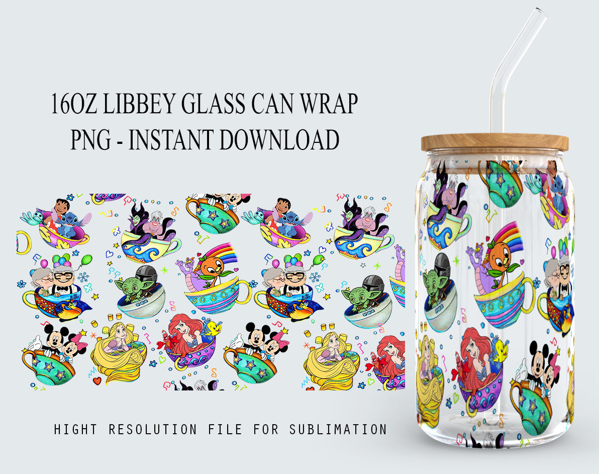 Mouse And Friends Glass Can Wrap, 16oz Glass Can Wrap, Cartoon Libbey Can Glass, Floral Glass Can Png, Cartoon Watercolor Tumbler Wrap - VartDigitals