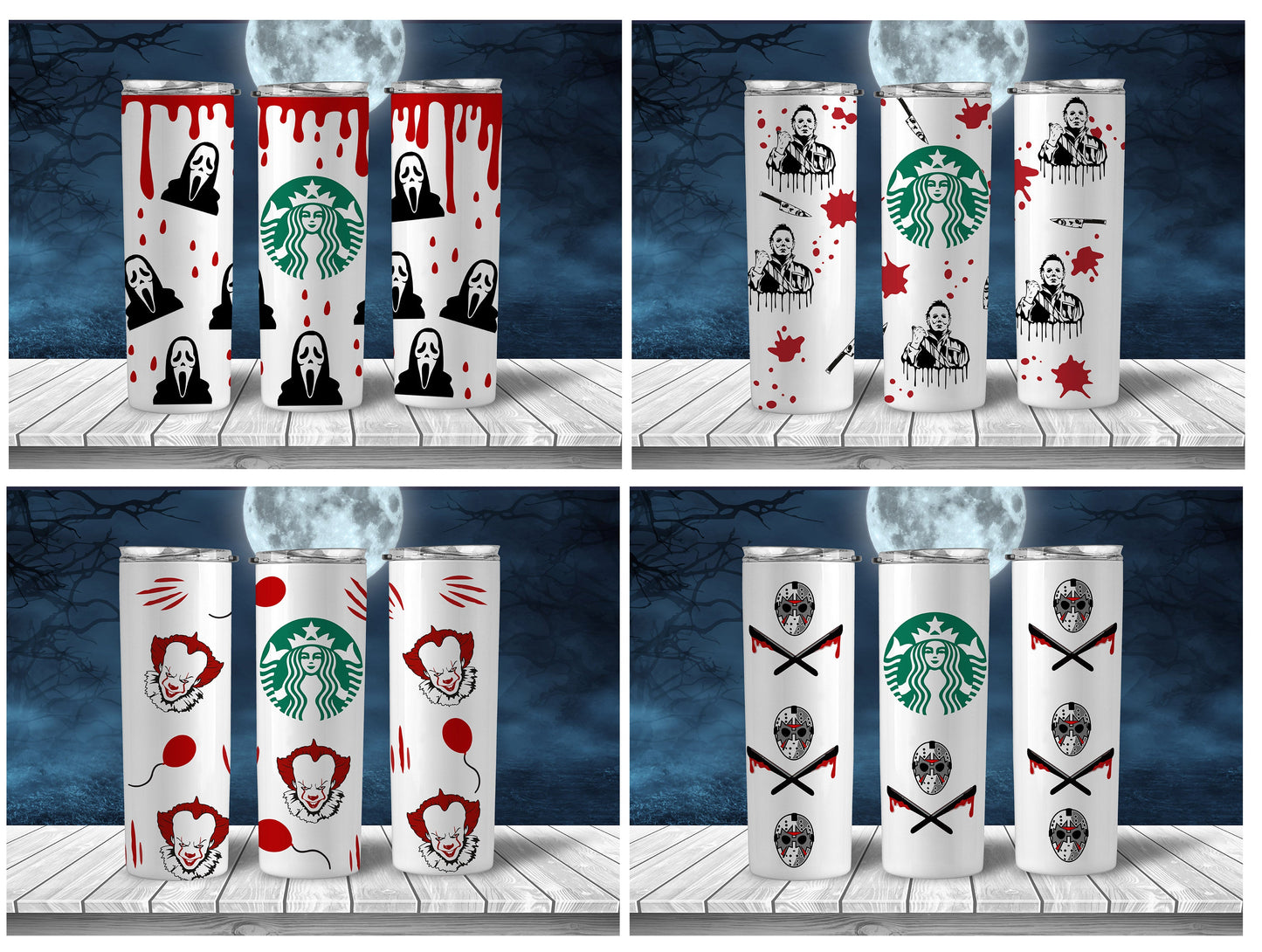 Horror Starbucks Tumbler Wrap PNG, Halloween Hororr Starbucks 20oz Skinny Tumbler Designs, Sublimation Designs PNG