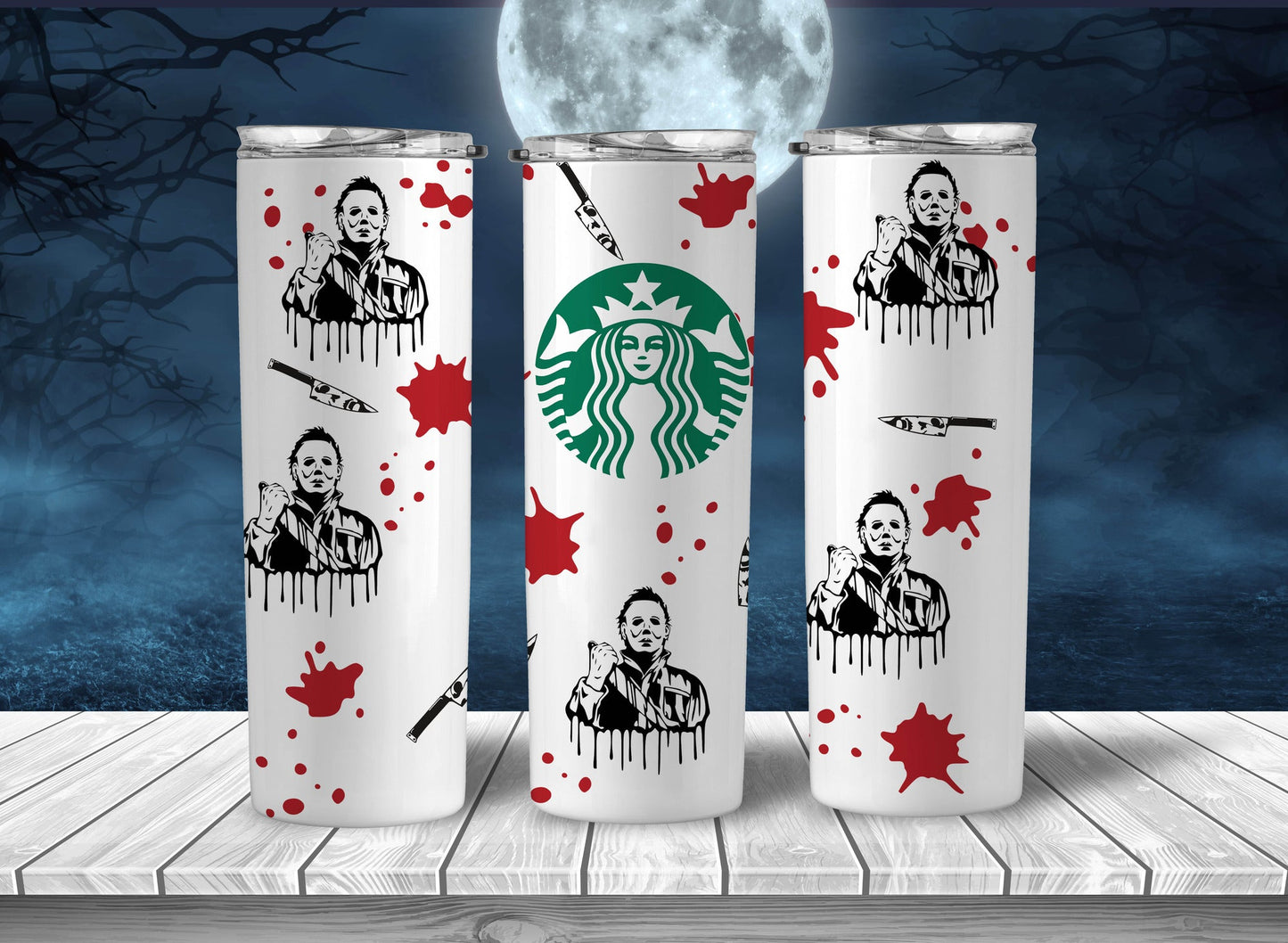 Horror Starbucks Tumbler Wrap PNG, Halloween Hororr Starbucks 20oz Skinny Tumbler Designs, Sublimation Designs PNG