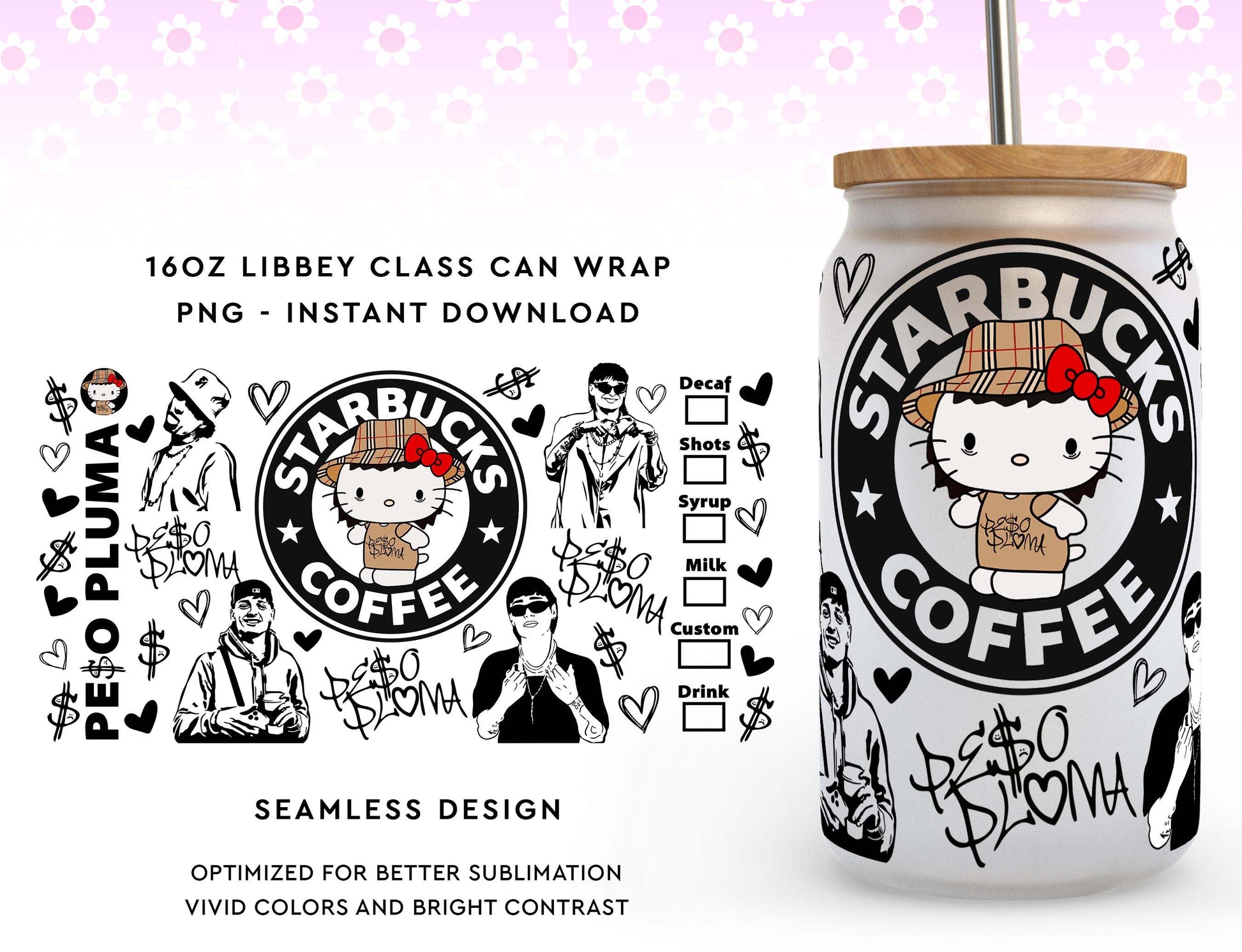 Peso Pluma Kawaii Kitty Starbucks Coffee Glass Wrap PNG, Peso Pluma Kawaii Kitty 16oz Libbey Glass Wrap Peso Pluma Stitch Tumbler Glass Wrap - VartDigitals