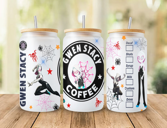 Gwen Stacy 16oz Can Glass Coffee, Girl Spidey tumbler PNG Design