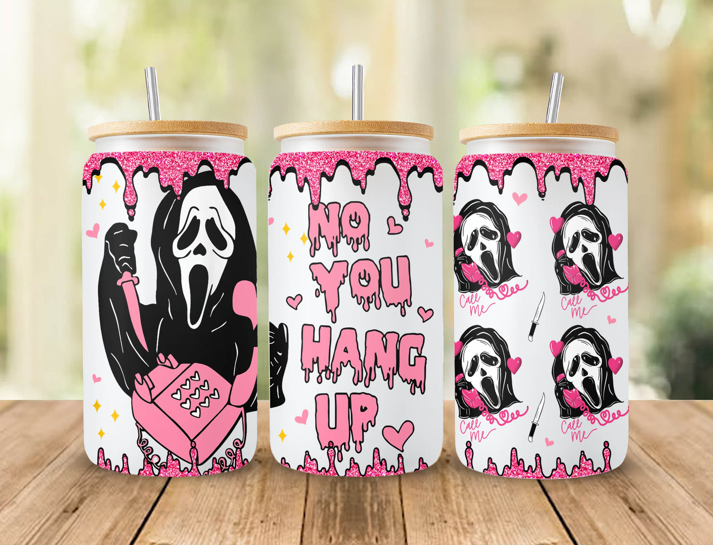 No You Hang Up 16oz Libbey Can Cartoon png, Scream Ghost Face Halloween Horror 16oz Libbey Glass Can Wrap, Horror Movie Tumbler 16oz