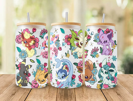Spring Eevee Tumbler Wrap, Pokemon Can Glass,16oz Can Glass Wrap Cartoon Libbey Can Glass 16oz PNG Digital Download,Spring Flowers Can Glass - VartDigitals
