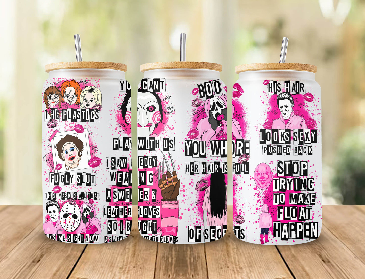 Movies Characters 16oz Glass Can Wrap, Pink Halloween 16 oz Glass Can Png, Pink Horror 16 oz Libbey Glass Can Wrap, 16 oz Tumbler Wrap Png