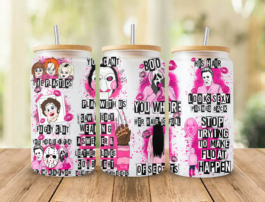 Movies Characters 16oz Glass Can Wrap, Pink Halloween 16 oz Glass Can Png, Pink Horror 16 oz Libbey Glass Can Wrap, 16 oz Tumbler Wrap Png