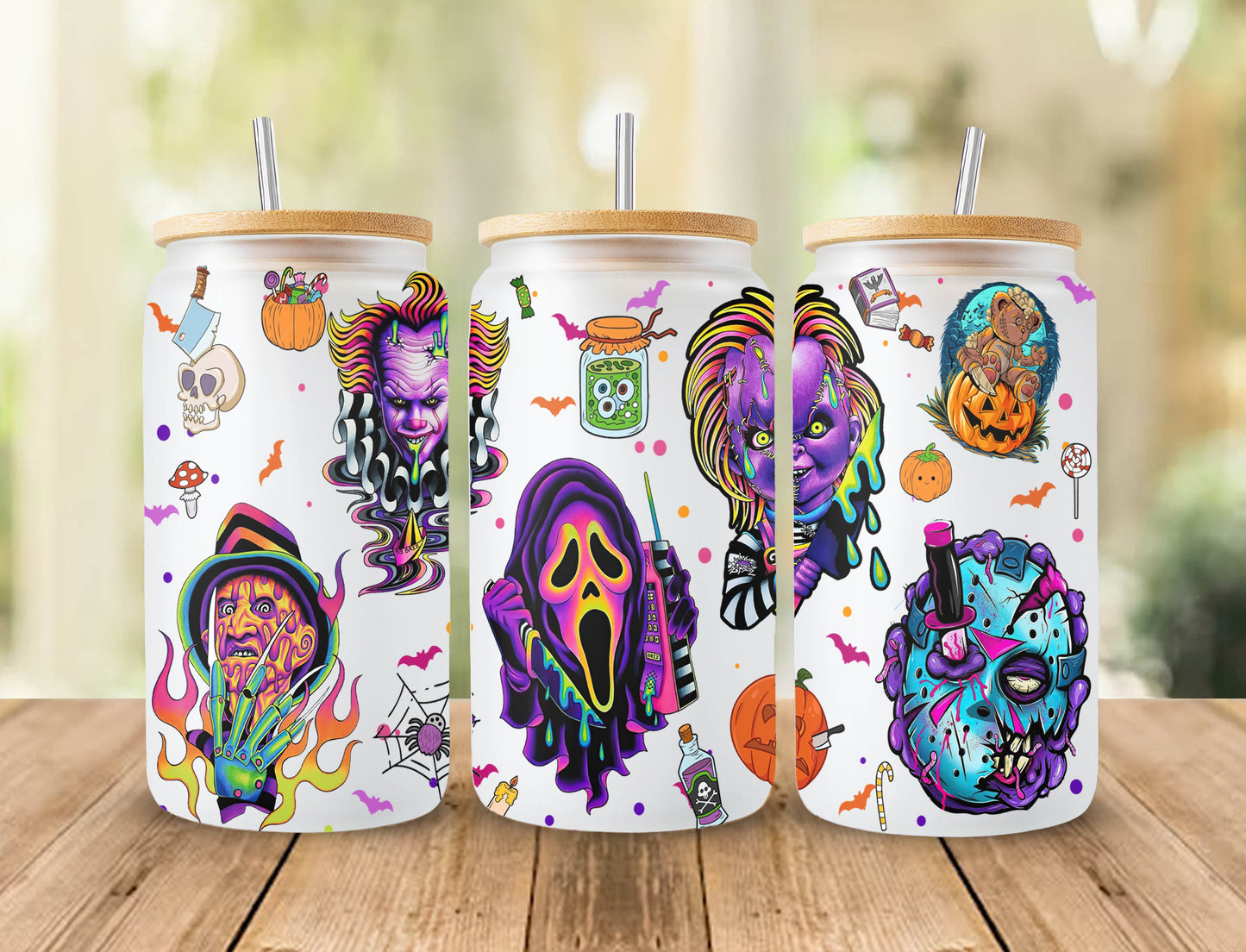 Horror png, Horror characters 16oz Libbey can Glass, Horror characters full glass can wrap, funny horror tumbler wrap, horror sublimation