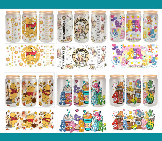 Bundle 6 Designs Bear Cartoon Can Glass Wrap, 16oz Libbey Glass Can, Fall Can Glass, Autumn Can Wrap, Fall Vibes Png, Fall Tumbler, Cute Bear Fall Can Glass