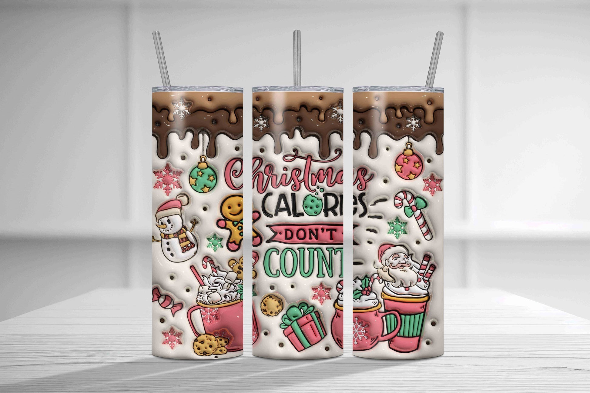 3D Inflated Christmas Calories Don't Count Tumbler Wrap, 3D Puffy Gingerbread, Sweet But Twisted, 3D Santa Claus Wrap, Xmas Snack Puff - VartDigitals