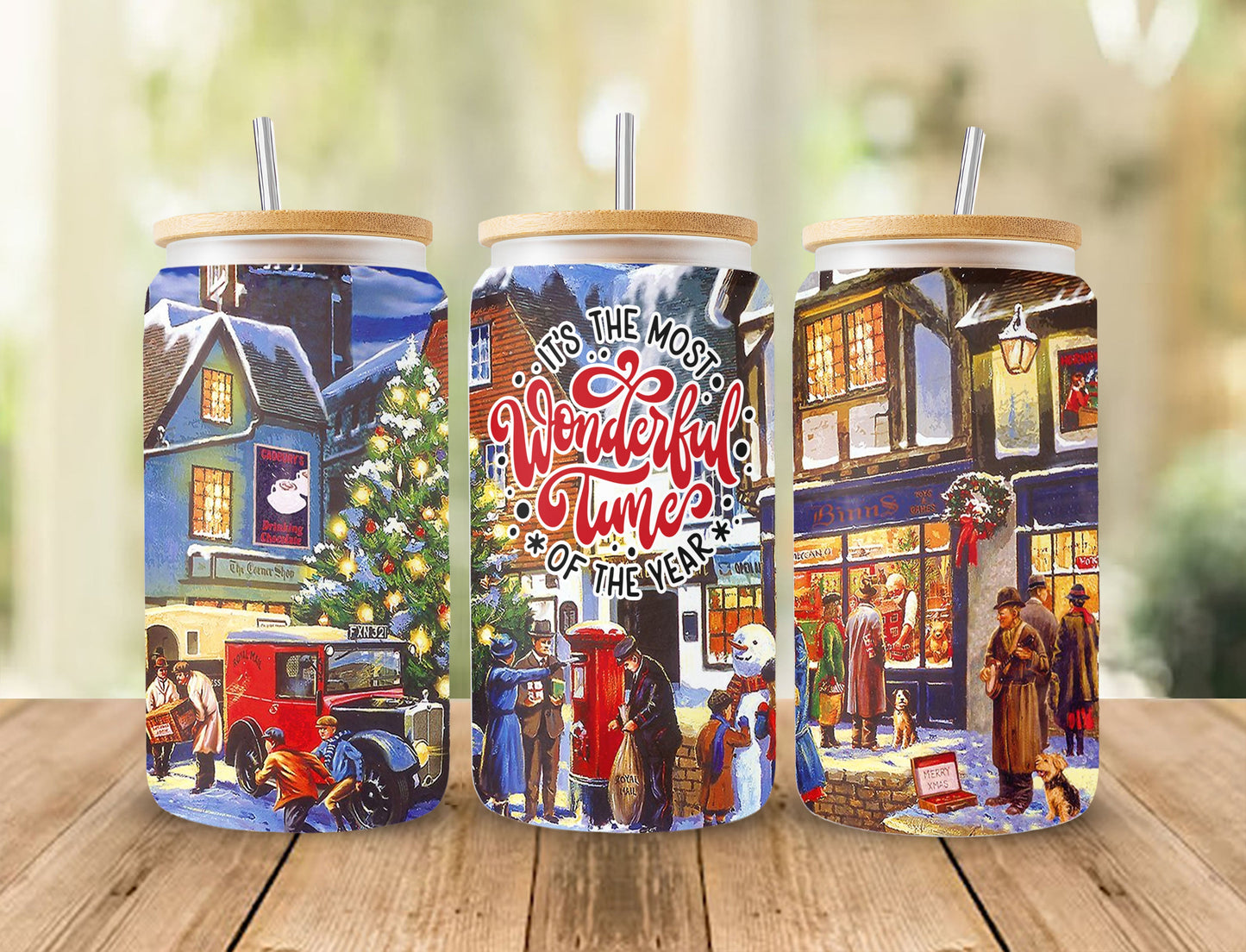 It's The Most Wonderful Time Of The Year 16oz Glass Can Sublimation Design, Snowman Christmas Car, Funny Christmas Glass Can Wrap PNG