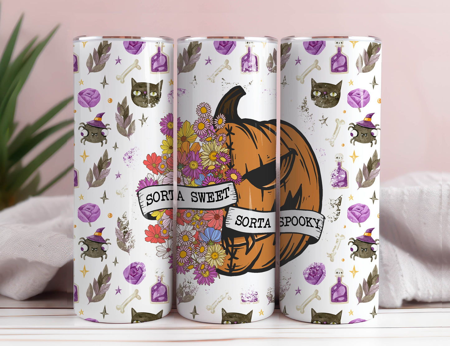 Sorta Sweet Sorta Spooky Seamless Tumbler Wrap, Floral Pumpkin Png, 20 oz Tumbler Wrap, Halloween Tumbler Wrap, Spooky Tumbler