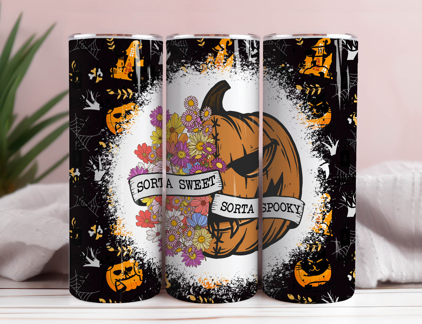 Sorta Sweet Sorta Spooky Seamless Tumbler Wrap, Floral Pumpkin Png, 20 oz Tumbler Wrap, Halloween Tumbler Wrap, Spooky Tumbler