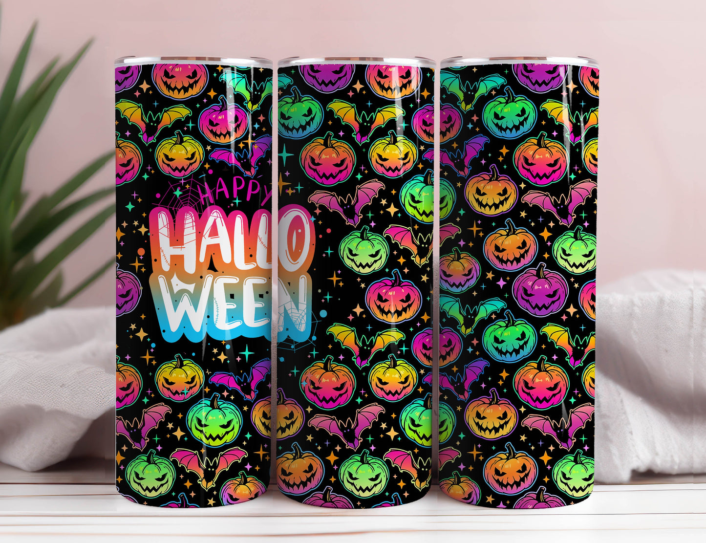 Bright Multicolored Halloween Pumpkins Tumbler Wrap, Colorful Pumpkin Halloween Sublimation Design, 20oz Skinny Tumbler, Pumpkin Tumbler PNG