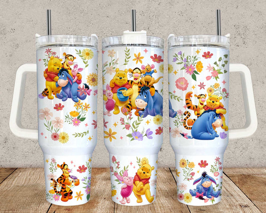 Bears Cartoon 40oz Tumbler Wrap Png, Cartoon Characters 40oz Tumbler Sublimation, Floral Cartoon 40oz Tumbler Png Sublimation Design