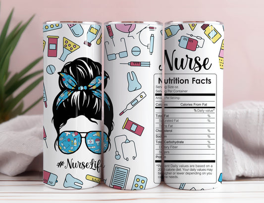 Nurse Nutrition Facts 20 oz Skinny Tumbler, Nurse Grey Hair Sublimation Design Template, Straight and Warped Design, PNG tumblers 1