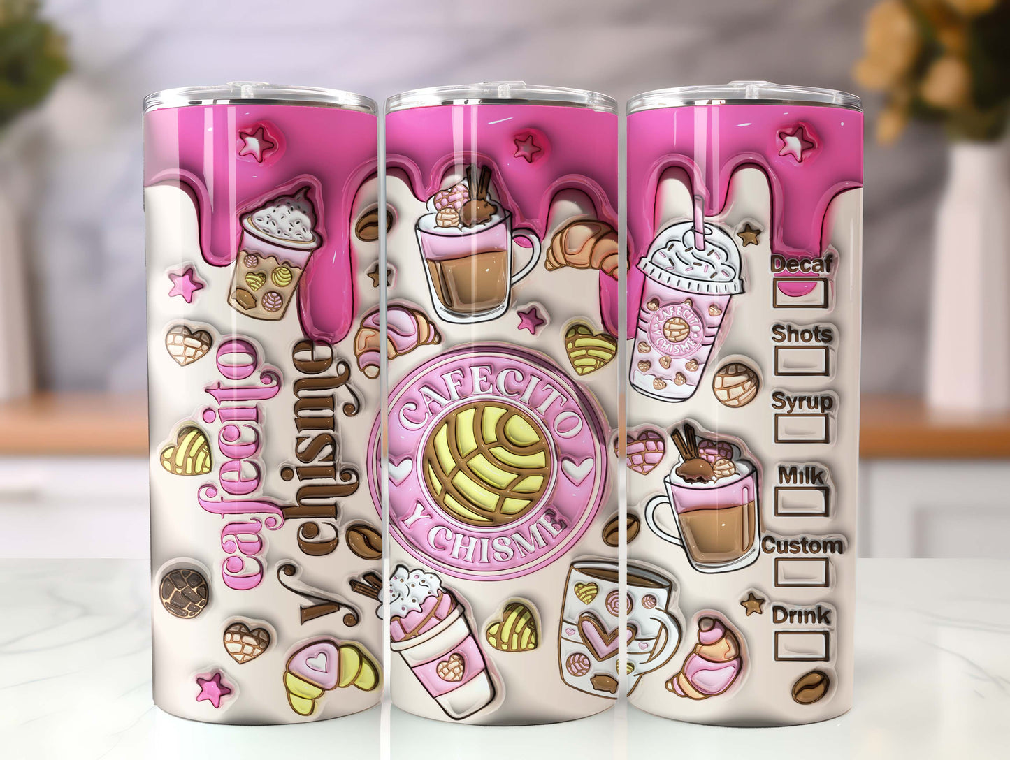 3D Inflated Cafecito Tumbler Wrap Cafecito y Chisme Tumbler, 3D Pan Dulce Tumbler, Mexican Gifts, Puffy Coffee Tumbler, Conchas Mexicanas - VartDigitals