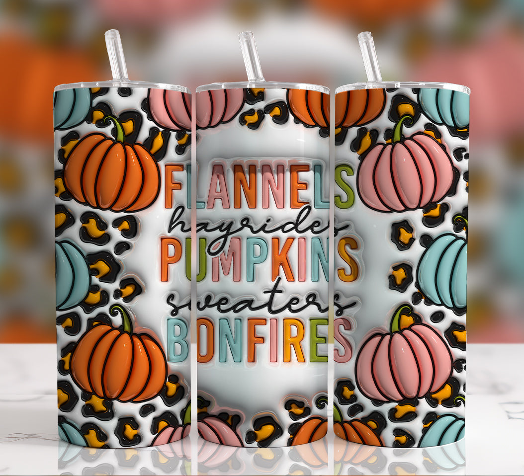 3D Flannels Pumpkins Bonfire Inflated Tumbler Wrap, 3D Fall Pumpkin Tumbler, Autumn Pumpkin Puff Design Sublimation, 20oz Fall Vibes Inflated