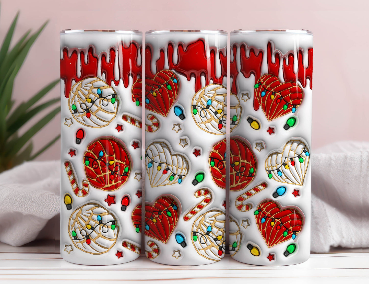 3D Christmas Conchas Cafecito y Chisme Inflated Tumbler Wrap, Concha Lights Christmas Puffy 20oz Tumbler Wrap, Xmas Conchas Mexicanas