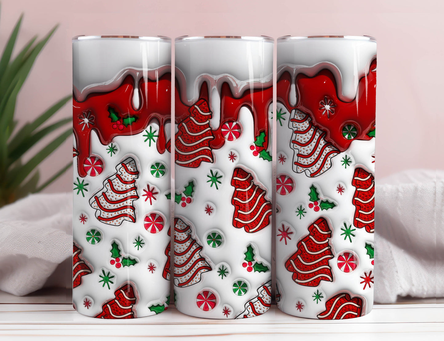 3D Christmas Tree Cakes Inflated Tumbler Wrap, Christmas Snack Cakes Puffy Tumbler, Xmas Coffee Puffy Tumbler, Milk Cookies For Santa