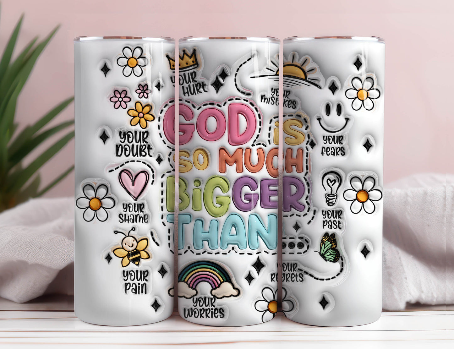 3D God is Bigger Inflated Tumbler Wrap, Retro Christian Inflated Tumbler Wrap, 3D Faith Bible Verse Inflated Tumbler Wrap, 3D Puffy Daisy