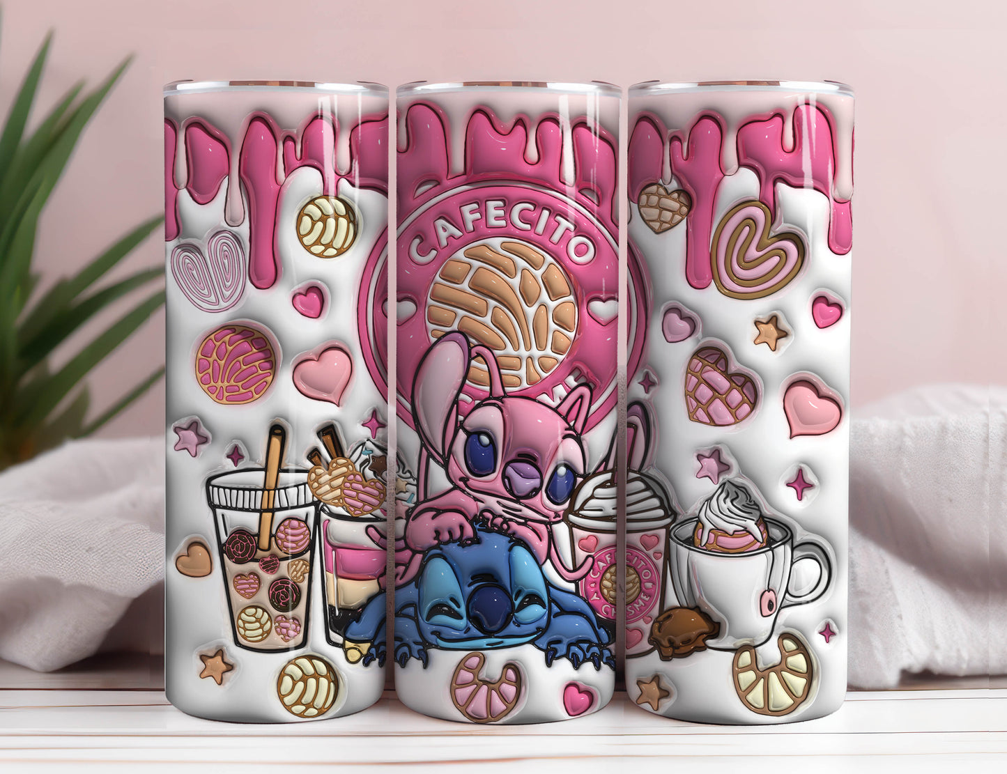 3D Inflated Stitch Valentine Tumbler Wrap, 3D Stitch And Angle Valentine Tumbler Png, Stitch Cafecito Y Chisme Tumbler Wrap, Stitch Coffee