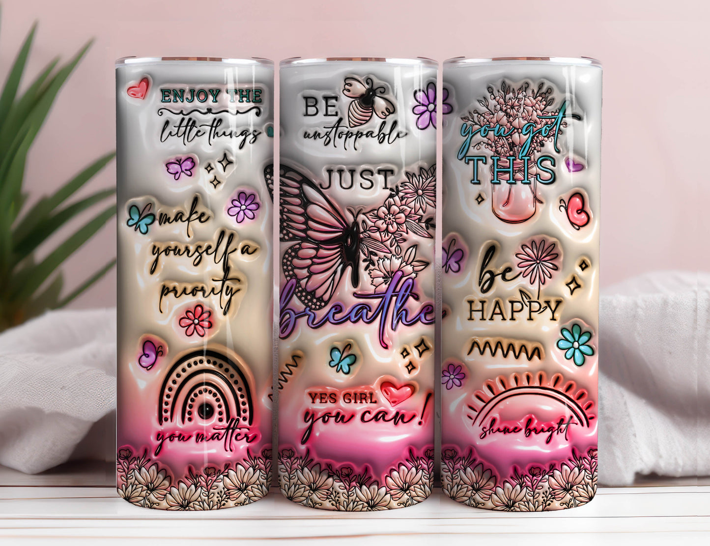 3D Positive Affirmations Inflated Tumbler Wrap 3D Puff Butterflies Inspirational Quotes PNG Template Sublimation Designs Downloads