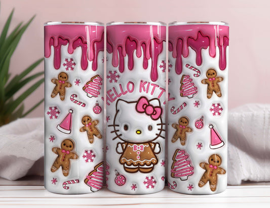3D Pink Cat Christmas 20oz Tumbler, 20oz Straight Skinny Wrap, Spring Flower Pink Cat PNG, Tumbler Wrap, Full Tumbler Wrap, Cartoon Christmas Tumbler