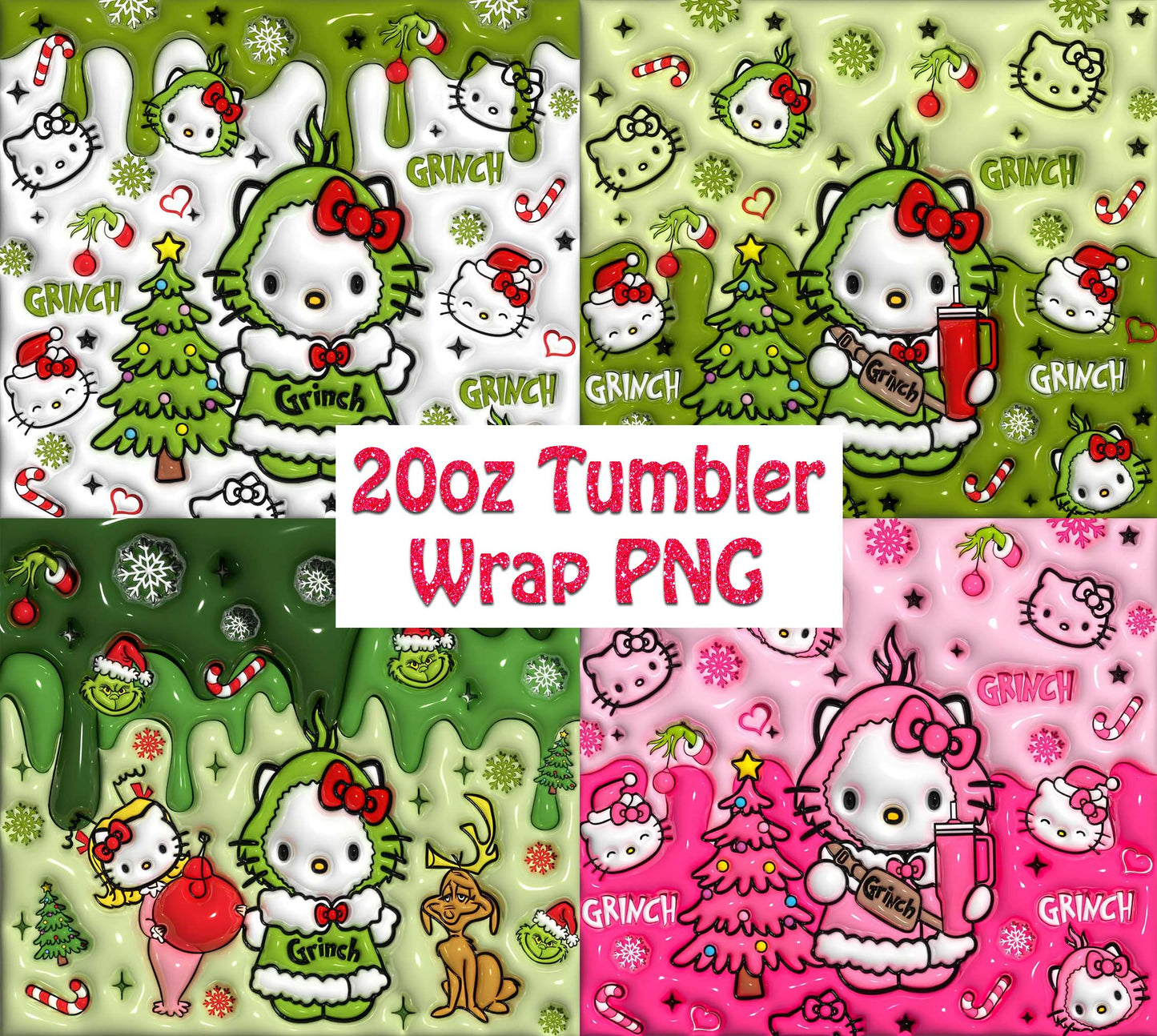 Bundle 4+ 3D Cat Christmas Tumbler, 20oz Straight Skinny Wrap, Spring Flower Pink Cat PNG, Tumbler Wrap, Full Tumbler Wrap, Cartoon Tumbler