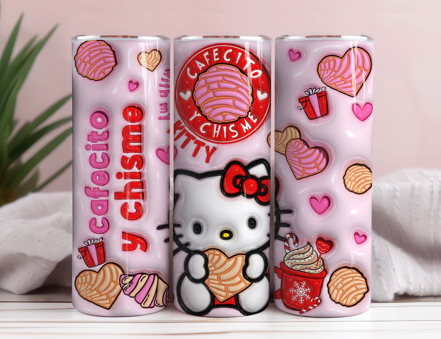 3D Inflated Cafecito Y Chisme Tumbler, 20oz Straight Skinny Wrap, Spring Flower Pink Cat PNG, Tumbler Wrap, Full Tumbler Wrap, Cartoon Christmas Tumbler
