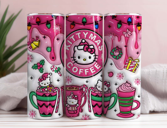 3D Cat Christmas Coffee Tumbler, 20oz Straight Skinny Wrap, Spring Flower Pink Cat PNG, Tumbler Wrap, Full Tumbler Wrap, Cartoon Christmas Tumbler