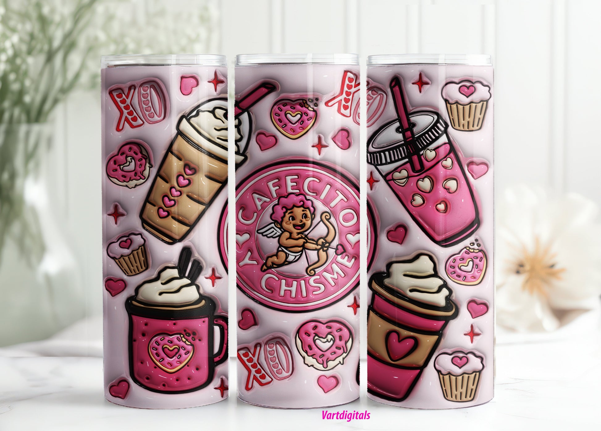 3D Cafecito y Chisme Inflated Tumbler Wrap, Valentines Coffee Puffy Tumbler Sublimation Design, Cupid Vibes, Valentines Day Puffy Design - VartDigitals