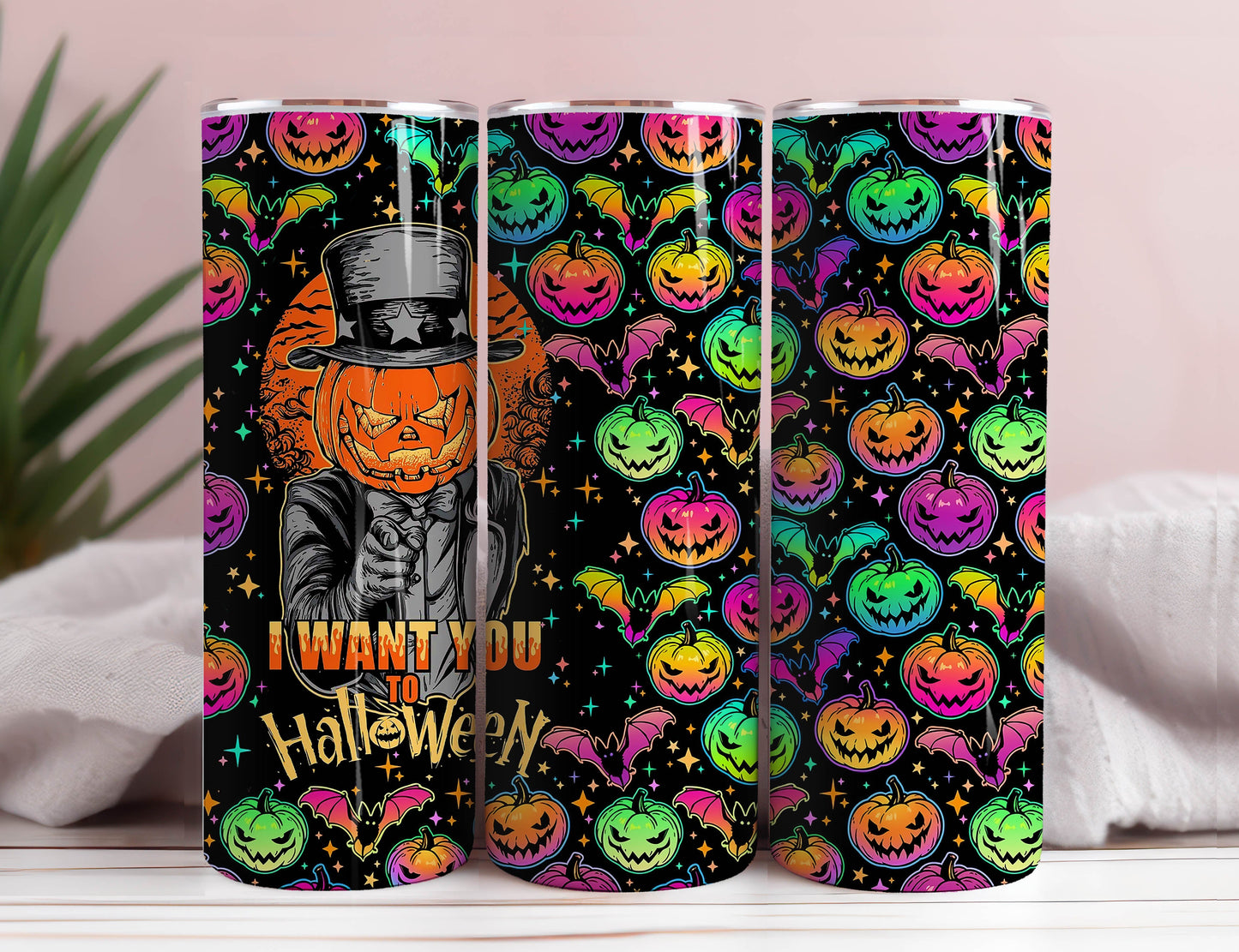 Bright Multicolored Halloween Pumpkins Tumbler Wrap, Colorful Pumpkin Halloween Sublimation Design, 20oz Skinny Tumbler, Pumpkin Tumbler PNG