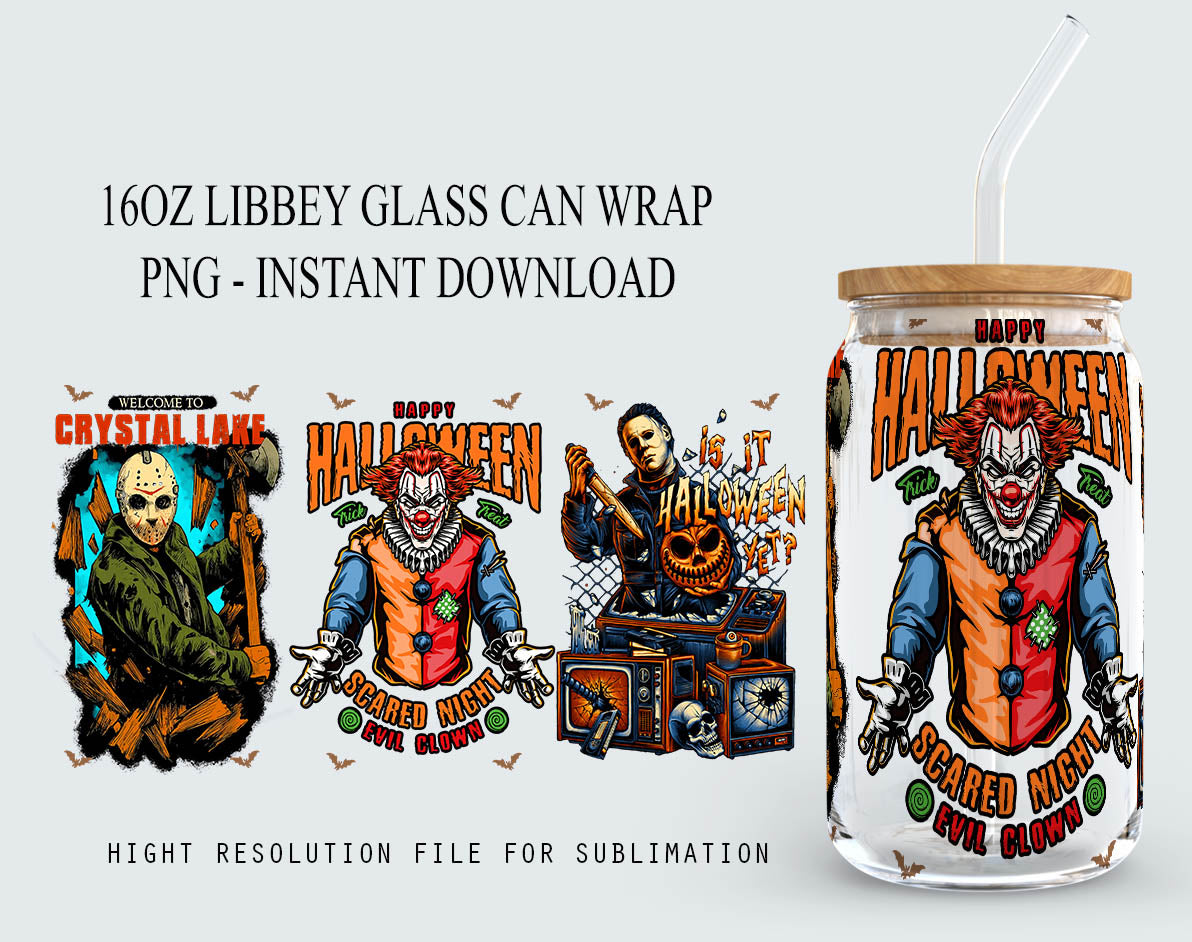 Halloween Bundle 16oz libbey can Cartoon PNG, 16oz Glass Can Wrap, 16oz Libbey Can Glass, Catoon kids Tumbler Wrap, Full Glass Can Wrap 4