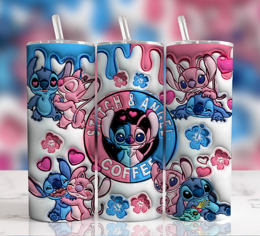 Inflated Cartoon Tumbler Design Png 3D Stitch Tumbler, Cartoon Floral Tumbler Wrap, 20oz Skinny Sublimation,3D Puffy Stitch Sublimation Png