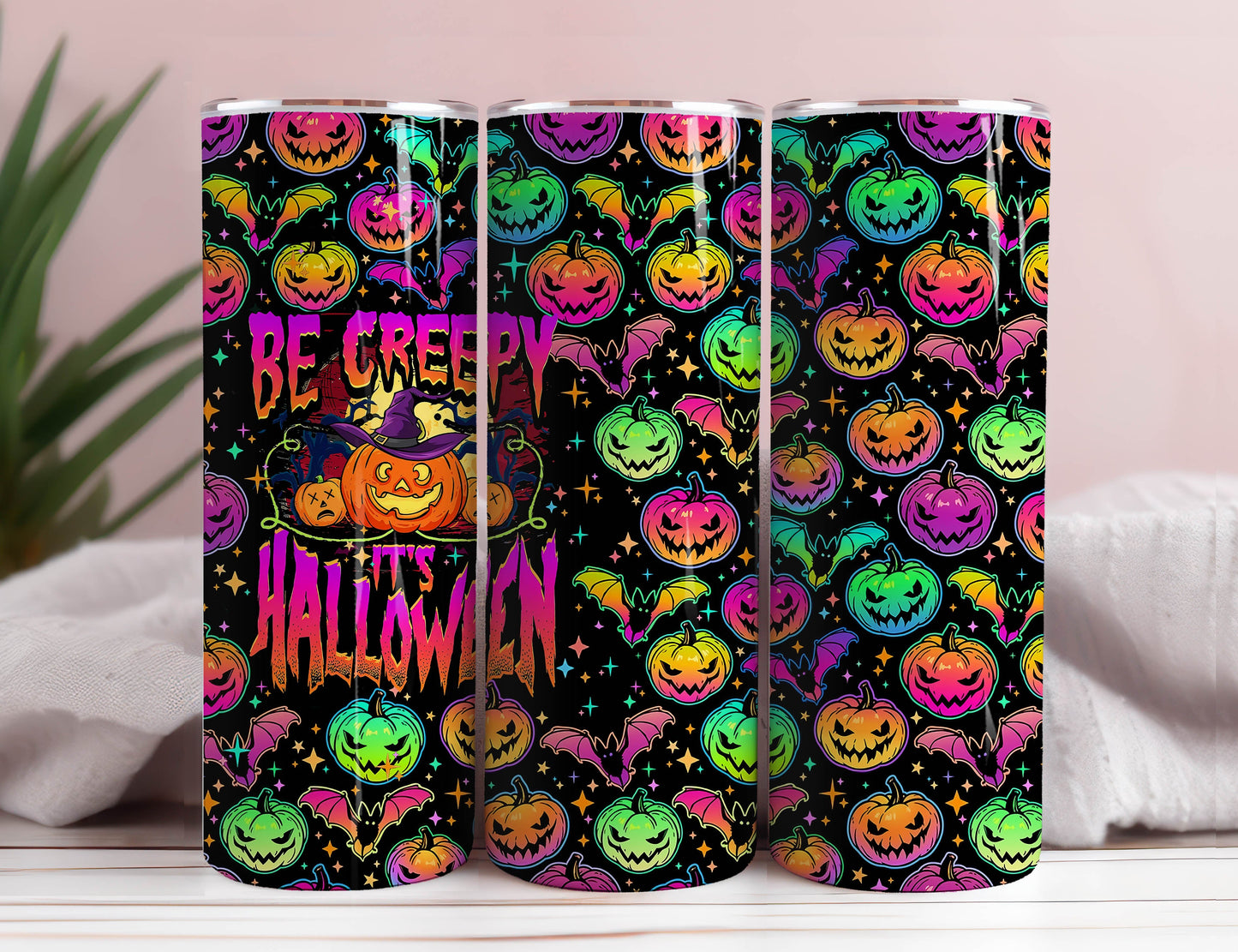 Bright Multicolored Halloween Pumpkins Tumbler Wrap, Colorful Pumpkin Halloween Sublimation Design, 20oz Skinny Tumbler, Pumpkin Tumbler PNG